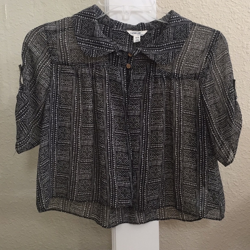 I LOVE H81 black and white tribal print blouse